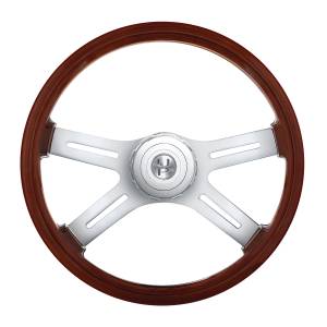 UNITED PACIFIC - 88178 - VOLANTE DE MADERA ESTILO DE 4 RADIOS DE 18" CON BUJE Y KIT DE BOTÓN DE BOCINA PARA PETERBILT (2006+) Y KENWORTH (2003+)