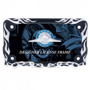 UNITED PACIFIC - 50129 - MARCO DE PLACA DE LA MOTOCICLETA DE LLAMA CHROME BLACK FLAME