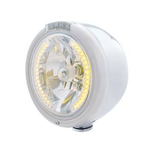 UNITED PACIFIC - 32455 - FARO CLÁSICO DE MEDIA LUNA DE ACERO INOXIDABLE H4 CON LED ÁMBAR Y LENTE LED CLARO DE SEÑAL DE MODO DOBLE