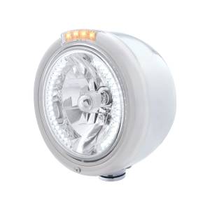 UNITED PACIFIC - 32461 - FARO CLÁSICO DE MEDIA LUNA DE ACERO INOXIDABLE H4 CON LED BLANCO Y SEÑAL - LENTE TRANSPARENTE
