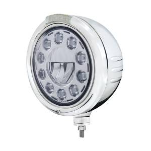 UNITED PACIFIC - 32733 - FARO CLÁSICO DE ACERO INOXIDABLE CON RAYAS EN RELIEVE, 11 BOMBILLAS LED Y SEÑAL LED DE MODO DOBLE - LENTE TRANSPARENTE