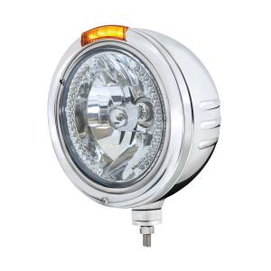 UNITED PACIFIC - 32754 - FARO H4 DE RAYAS CON GRABADO DE BALA DE ACERO INOXIDABLE CON LED ÁMBAR Y SEÑAL LED DE MODO DOBLE - LENTE ÁMBAR