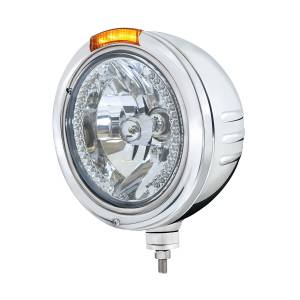 UNITED PACIFIC - 32756 - FARO H4 DE RAYAS CON GRABADO DE BALA DE ACERO INOXIDABLE CON LED BLANCO Y SEÑAL LED DE MODO DOBLE - LENTE ÁMBAR