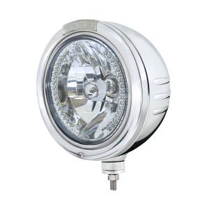 UNITED PACIFIC - 32757 - FARO H4 DE RAYAS CON GRABADO DE BALA DE ACERO INOXIDABLE CON LED BLANCO Y SEÑAL LED DE MODO DOBLE - LENTE TRANSPARENTE